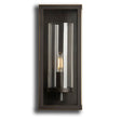 Wall-mounted light fixture with glass cover and dark frame 