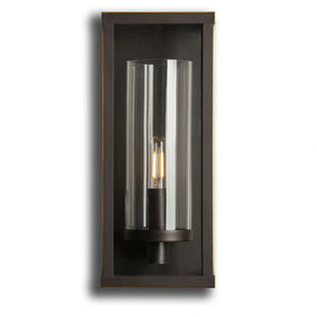 Wall-mounted light fixture with glass cover and dark frame 