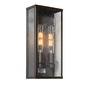 Wall-mounted light fixture with two illuminated bulbs on a white background