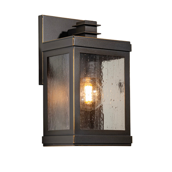 Black outdoor wall light fixture with glass panels